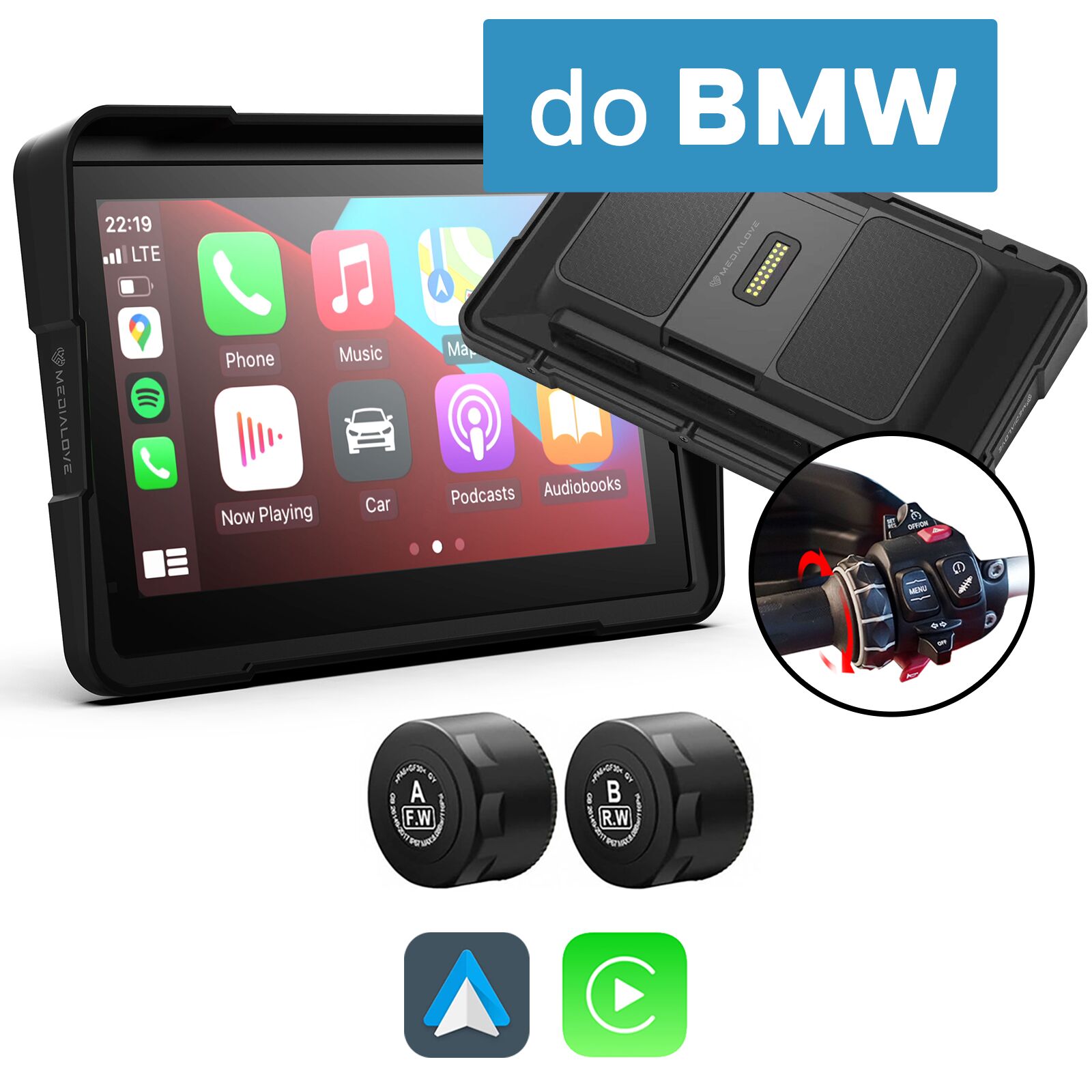 Monitor motocyklowy do BMW Carplay Android Auto Medialove MW-7 + czujniki ciśnienia TPMS