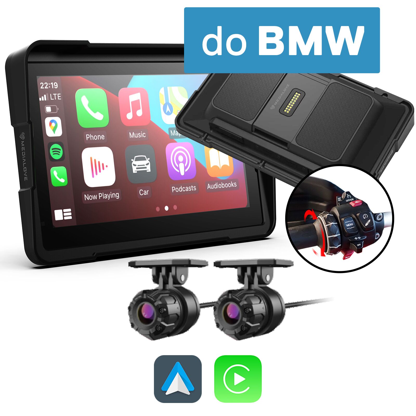 Monitor motocyklowy do BMW Carplay Android Auto Medialove MW-7 + kamery