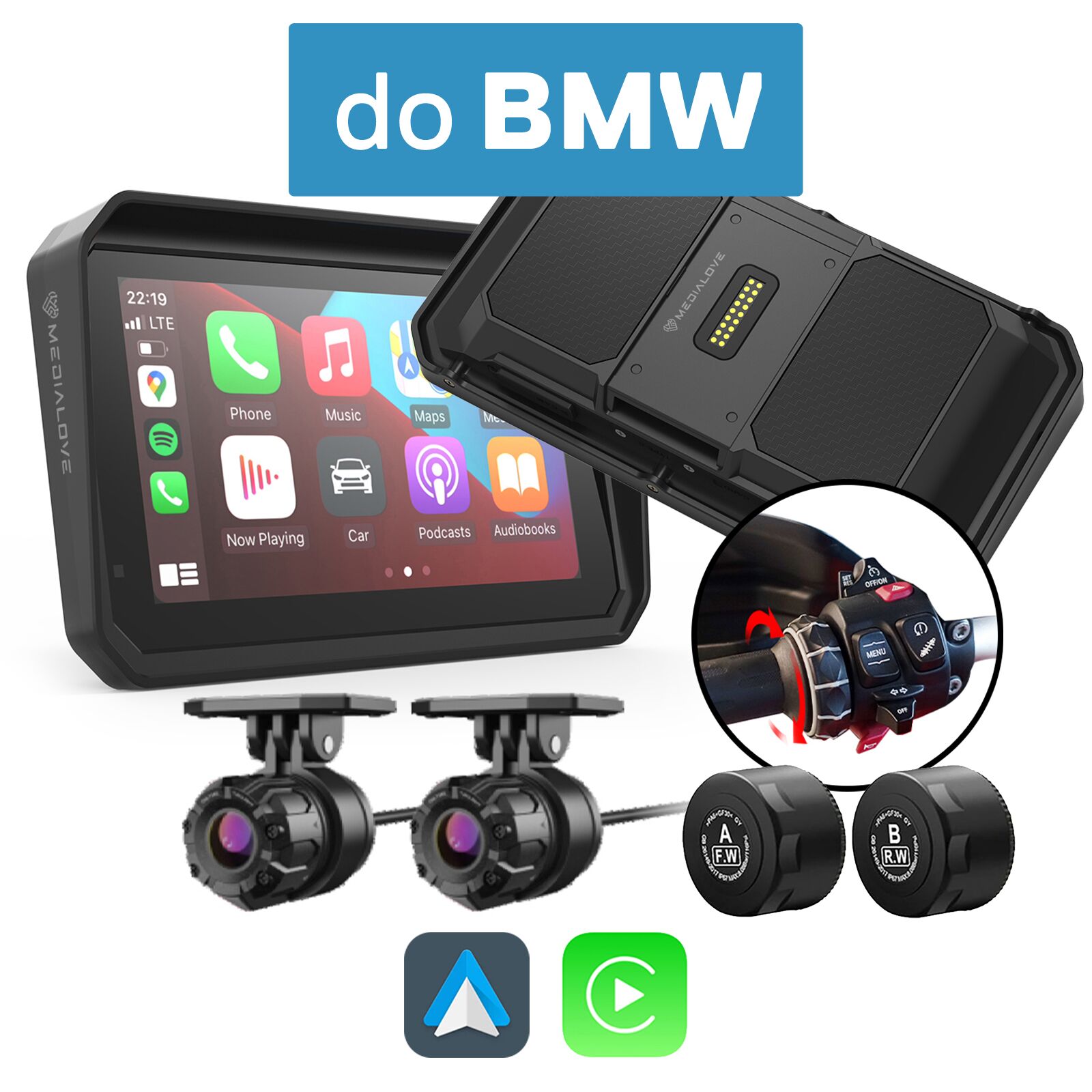Monitor motocyklowy Medialove MW-6 do BMW Carplay Android Auto + kamery full hd 1080p + czujniki ciśnienia TPMS
